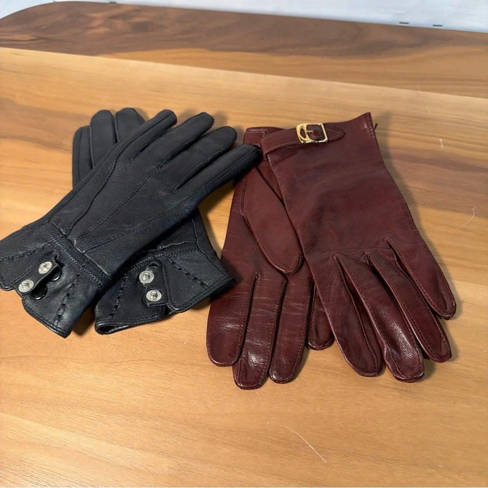Women’s Lot (2) Gloves 100% Genuine Leather Lined Black‎ Unlink Red Sz 7 Driving